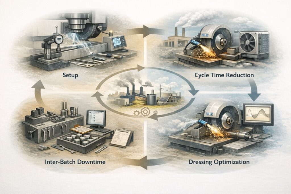 Infographic showing key productivity factors in precision grinding, including setup, cycle time reduction, dressing optimization, and inter-batch downtime in a balanced manufacturing workflow.