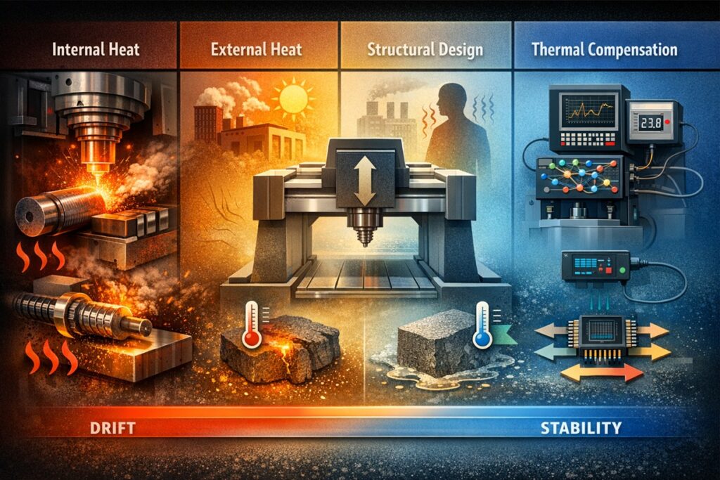 Infographic showing thermal drift factors in precision grinding, including spindle heat, ambient temperature effects, machine structure, coolant synchronization, and sensor-based thermal compensation for dimensional stability.