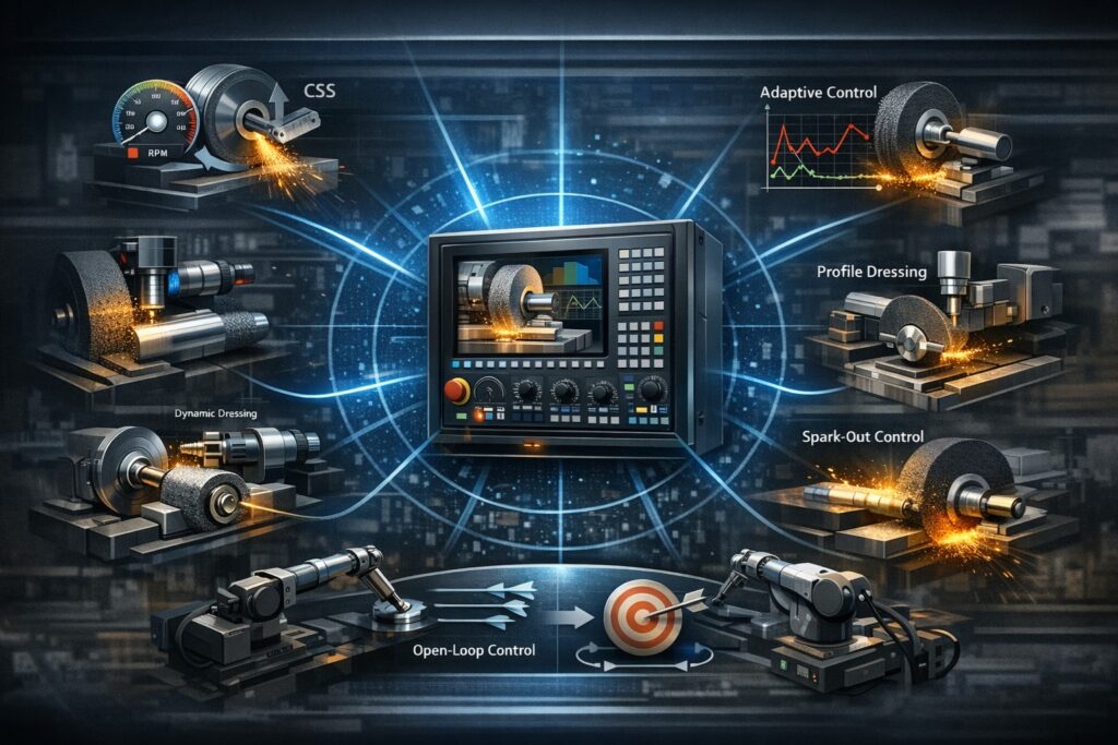 A horizontal technical infographic showing a CNC-controlled precision grinding system with labeled elements including CSS, adaptive control, profile dressing, dynamic dressing, and spark-out control connected around a central control unit.