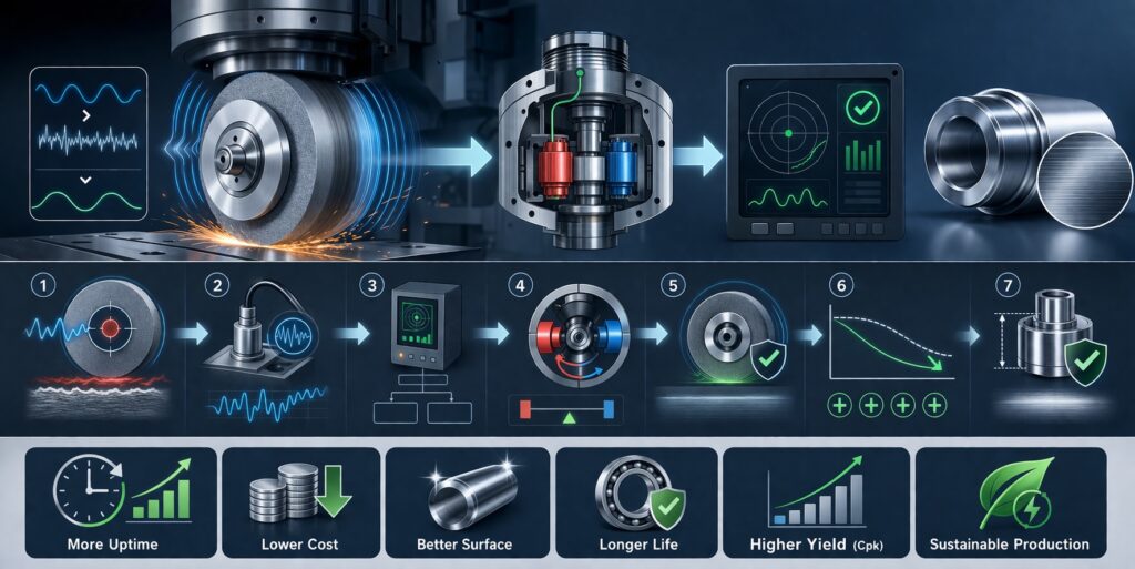 A horizontal infographic showing an automatic wheel balancing system in precision grinding, illustrating vibration sensing, in-process correction, spindle stability, improved surface quality, longer spindle life, and higher production yield.