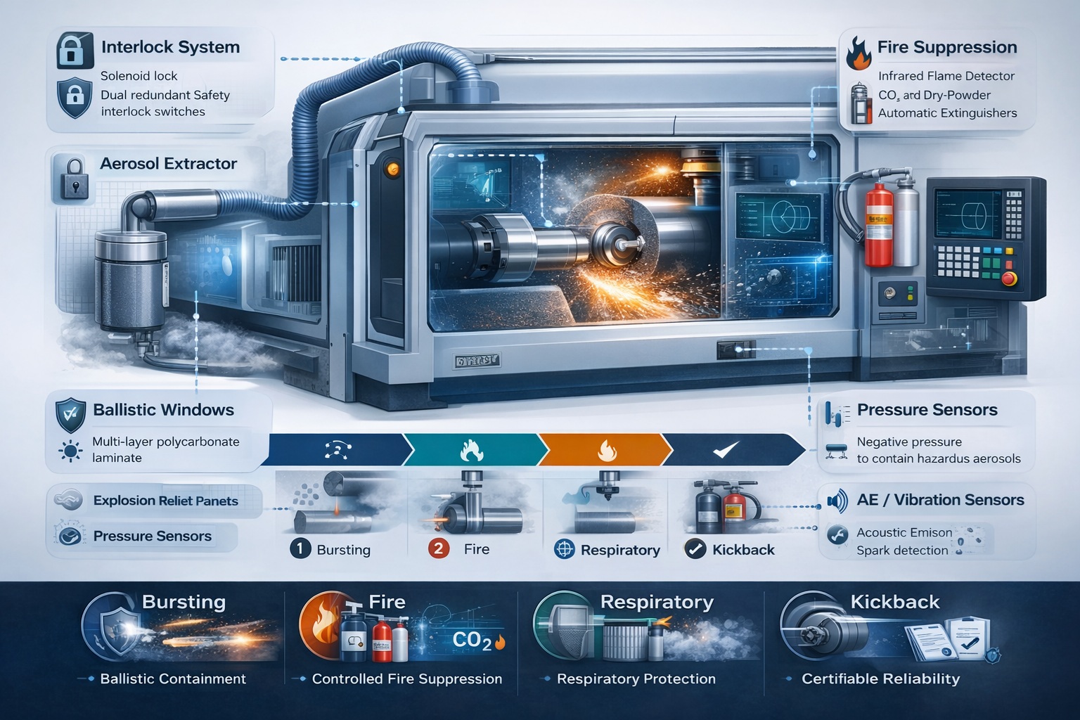 A horizontal infographic of a grinding machine safety enclosure showing interlock systems, aerosol extraction, ballistic windows, fire suppression, pressure sensors, and vibration monitoring designed to prevent bursting, fire, respiratory hazards, and kickback in precision grinding. 캐션 영어로 Caption A horizontal infographic illustrating how grinding machine enclosure systems— including interlocks, mist extraction, fire suppression, and sensor integration— ensure operator safety and regulatory compliance in high-speed precision grinding.