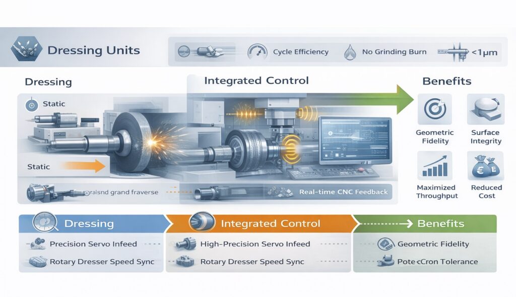 Infographic showing an integrated dressing unit in a CNC grinding machine, illustrating dressing mechanisms, real-time feedback control, and improvements in surface quality, accuracy, and productivity.