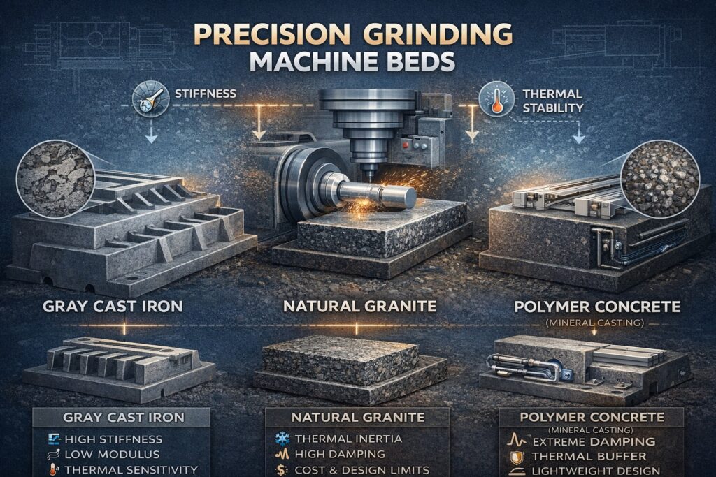 Horizontal infographic illustrating a comparison of precision grinding machine bed materials, including gray cast iron, natural granite, and polymer concrete, with emphasis on stiffness, damping, and thermal stability