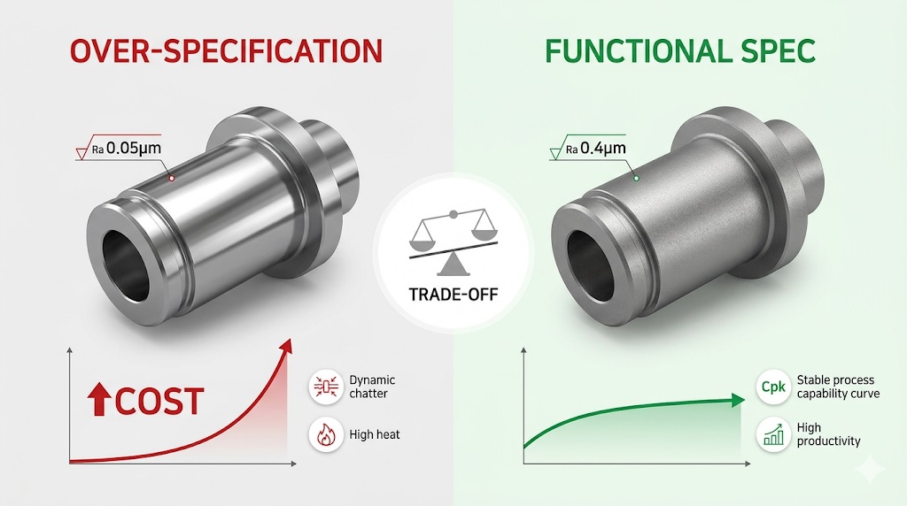 A infographic titled "Trade-Off" comparing Over-Specification and Functional Spec. The left side shows a mirror-finish part with Ra 0.05µm, an exponential red cost curve, and icons for dynamic chatter and high heat. The right side shows a matte-finish part with Ra 0.4µm, a stable green productivity curve, and icons for high Cpk and productivity.