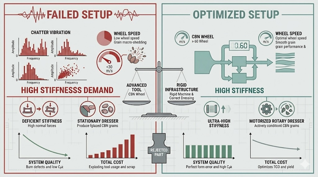 Technical infographic comparing CBN grinding setups: Left panel shows failed setup data with high chatter vibration, low speed, and rising costs. Right panel shows optimized setup data with ultra-high stiffness, stable Cpk, and low TCO.