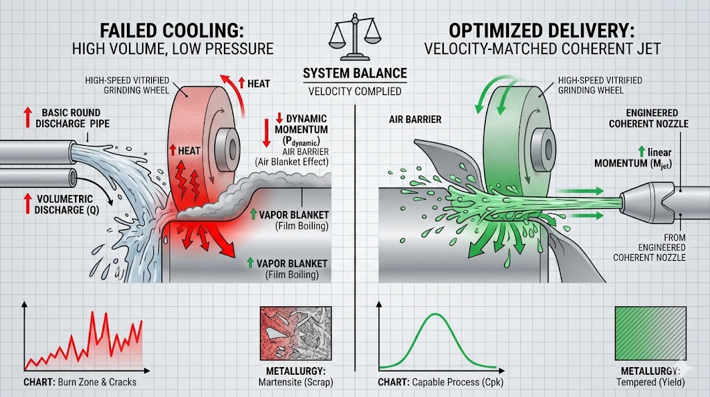 Technical grinding coolant infographic. The left side shows high-volume low-pressure coolant deflected by a wheel air barrier, leading to critical heat flux, film boiling, and a vapor blanket that blocks cooling. The right side shows an engineered coherent nozzle delivering a high-velocity laminar jet that penetrates the barrier for zero-burn stability.
