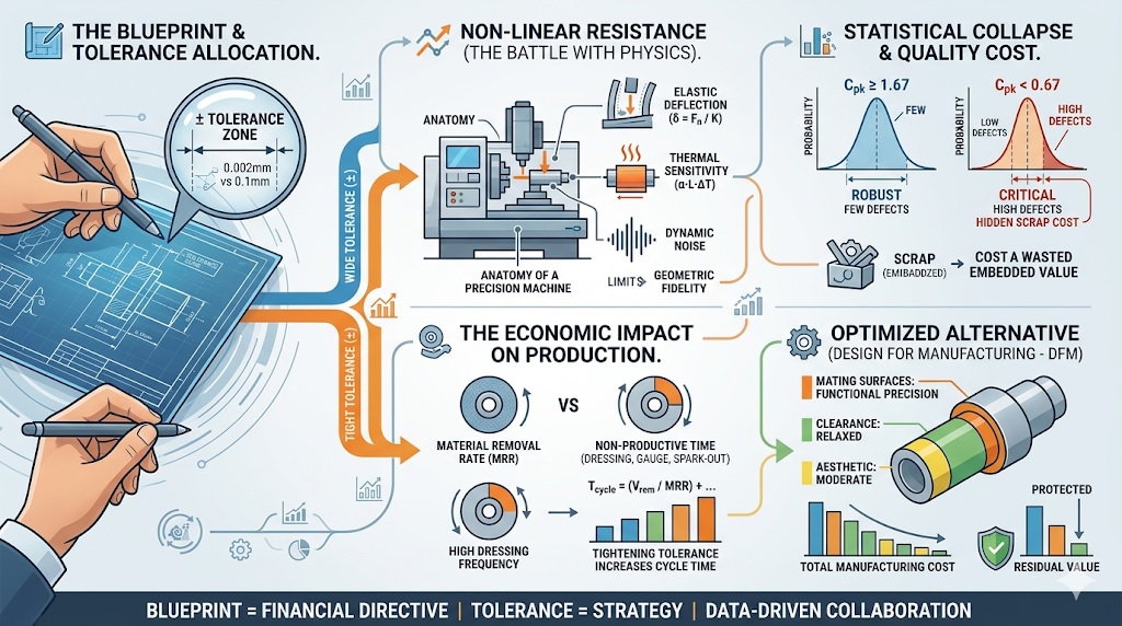 Technical flowchart showing the impact of tight versus wide tolerances on machine anatomy, thermal behavior, and statistical quality costs with DFM alternatives.