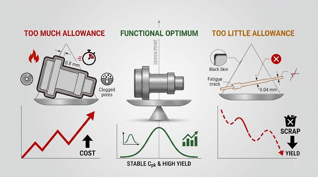 An engineering infographic illustrating grinding allowance design trade-offs. The left panel shows 'Too Much Allowance (0.8 mm)' causing high cost, thermal burn, and clogged pores. The center shows 'Functional Optimum' with stable Cpk and high yield. The right panel shows 'Too Little Allowance (0.04 mm)' leading to black skin defects, fatigue cracks, and scrap.