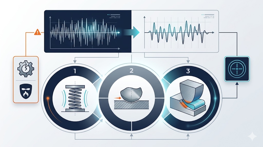Infographic illustrating grinding force data distortion caused by machine compliance, wheel wear, and coolant hydrodynamic wedge pressure during process monitoring.