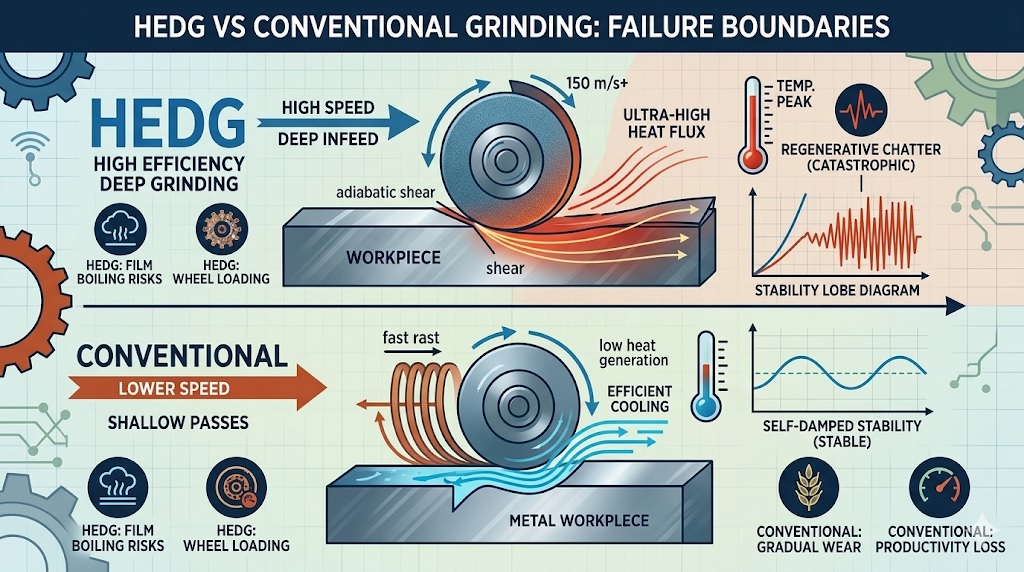 A horizontal engineering infographic comparing HEDG and conventional grinding. Left panel maps the HEDG failure boundary including the film boiling crisis, vapor blankets, and high-frequency regenerative chatter. Right panel illustrates the stable coolant flush and linear cutting mechanics of multi-pass conventional reciprocating grinding.