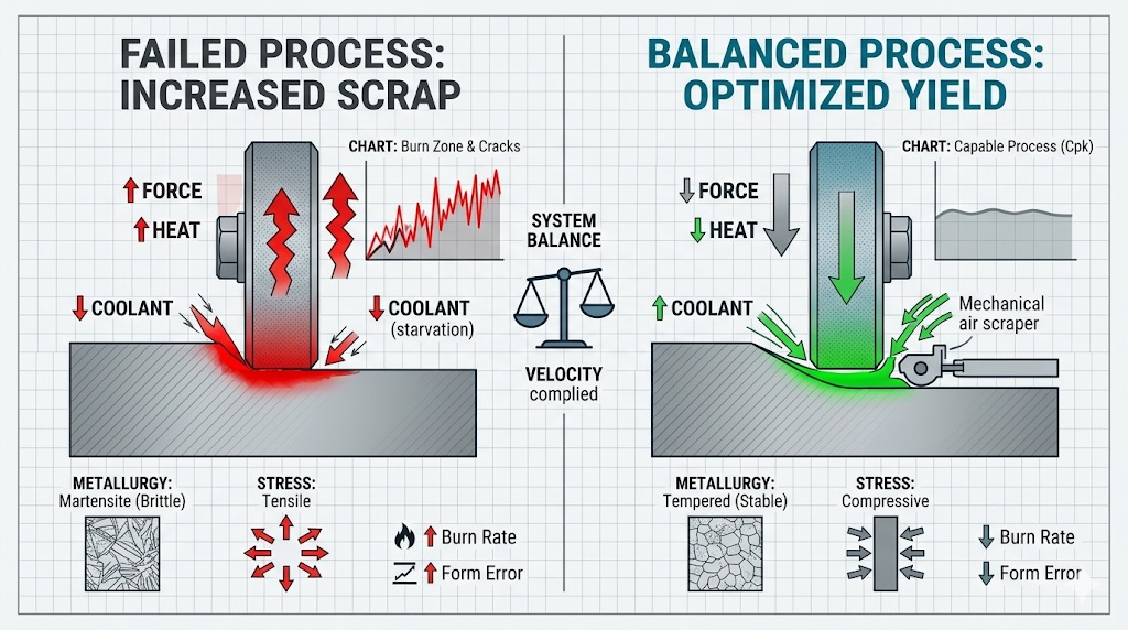 Technical grinding infographic comparing failed and balanced processes. Left side shows a wheel deflecting coolant due to high-speed air barrier, creating intense heat, tensile stress, and a brittle martensite structure. Right side shows a system utilizing a mechanical air scraper to ensure full coolant delivery, low force, and safe compressive residual stress.