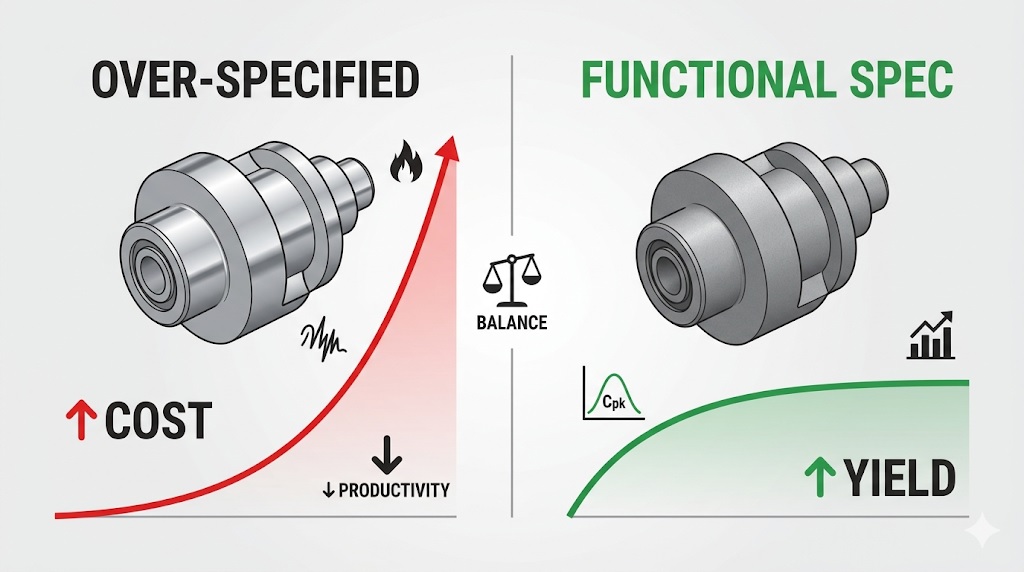 A minimalist split-panel infographic comparing an "OVER-SPECIFIED" shiny mechanical component (high red cost curve, low productivity arrow, heat and vibration icons) against a "FUNCTIONAL SPEC" matte component (stable green yield curve, Cpk chart), with a central "BALANCE" scale.