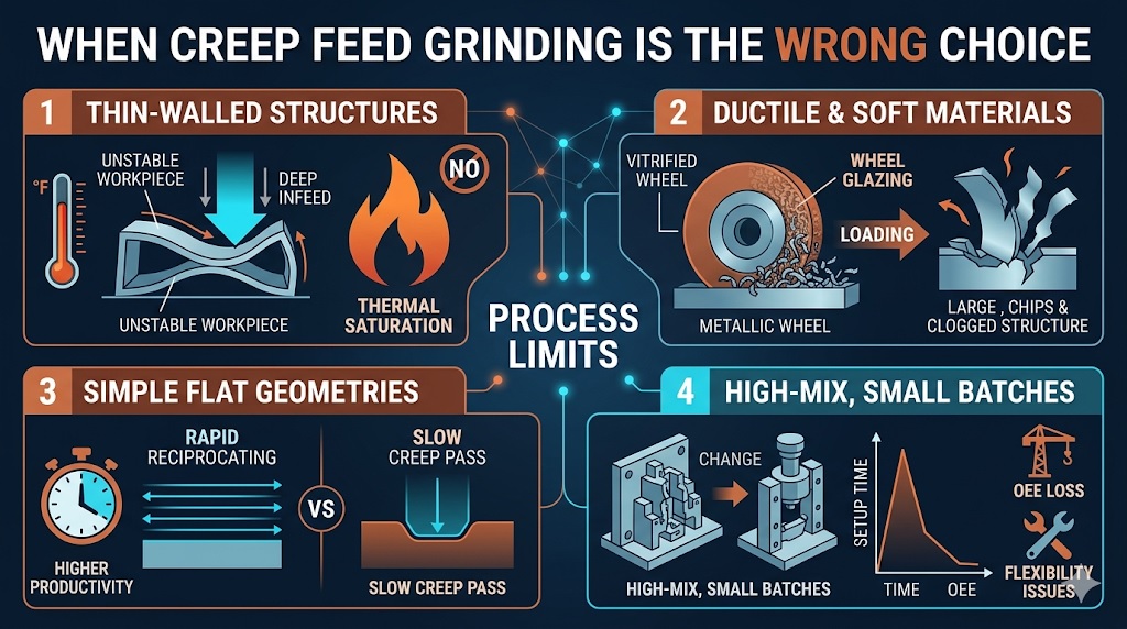 Technical engineering infographic mapping the failure modes of creep feed grinding. The diagram illustrates thermal saturation in thin-walled parts, wheel loading in ductile soft materials, efficiency loss in simple profiles, and high setup times in small batch production.